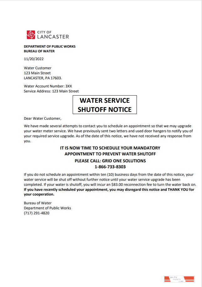 USA Lancaster Water service utility bill shutoff notice, Word and PDF template